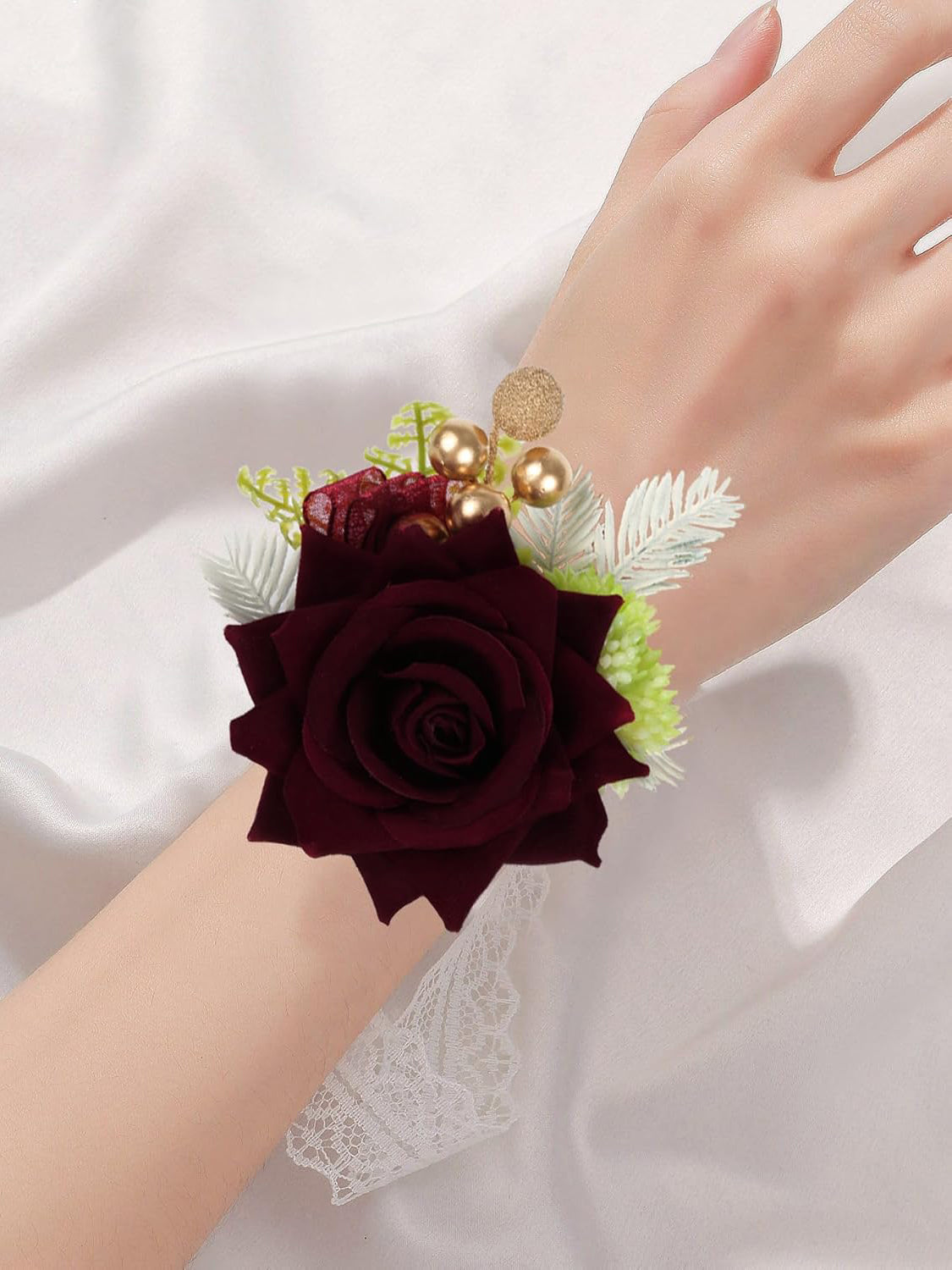 Burgundy Rose Corsage and Boutonniere Set for Wedding 2 Pieces