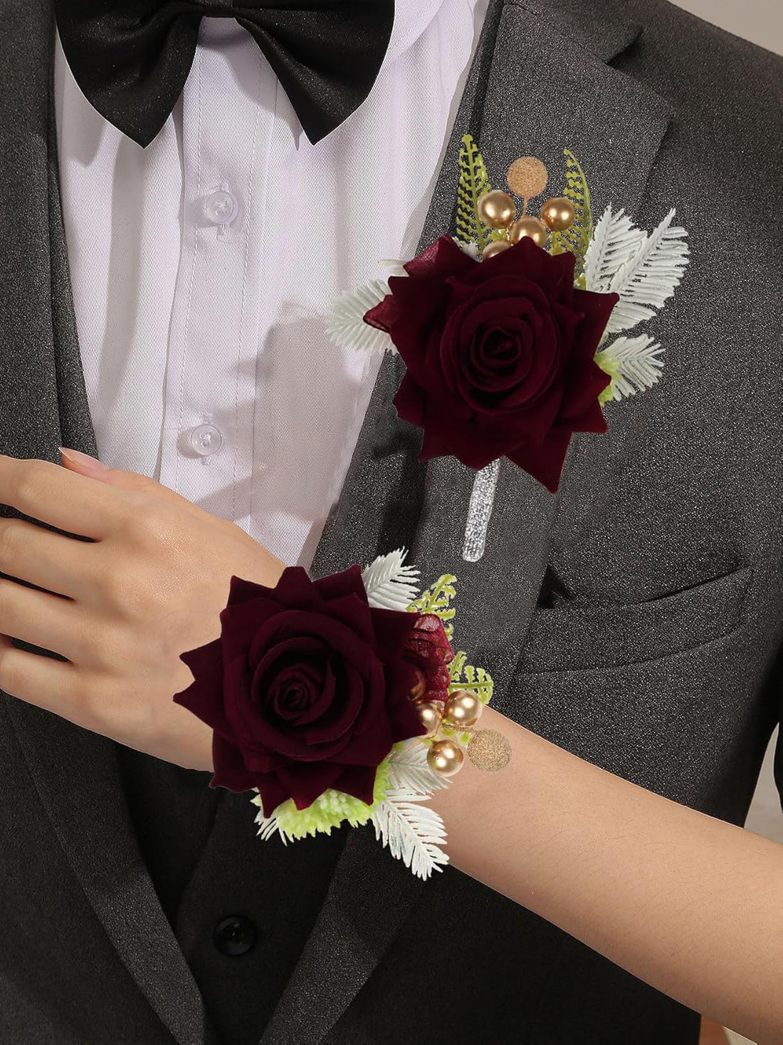 Burgundy Rose Corsage and Boutonniere Set for Wedding 2 Pieces