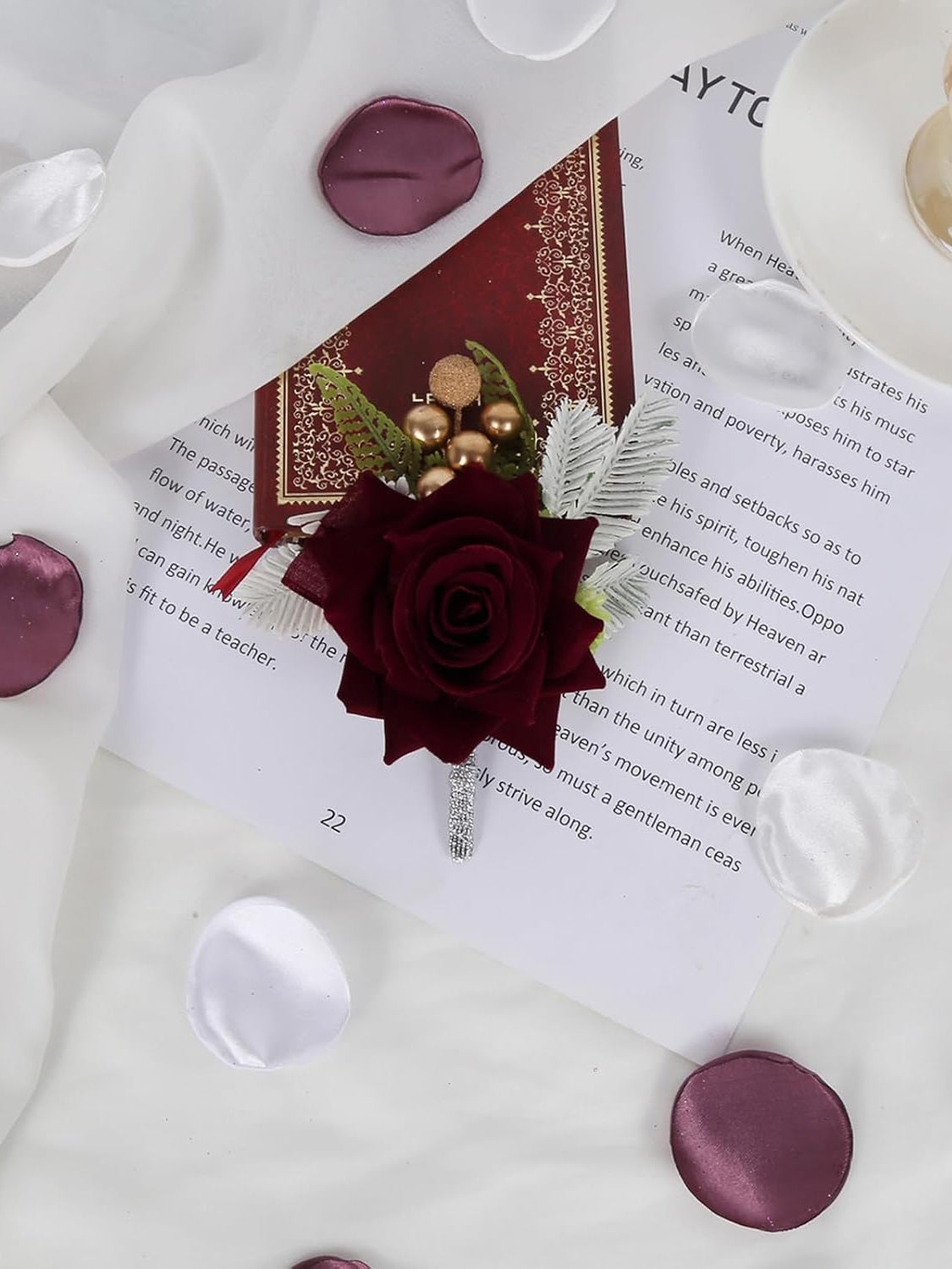 Burgundy Rose Corsage and Boutonniere Set for Wedding 2 Pieces