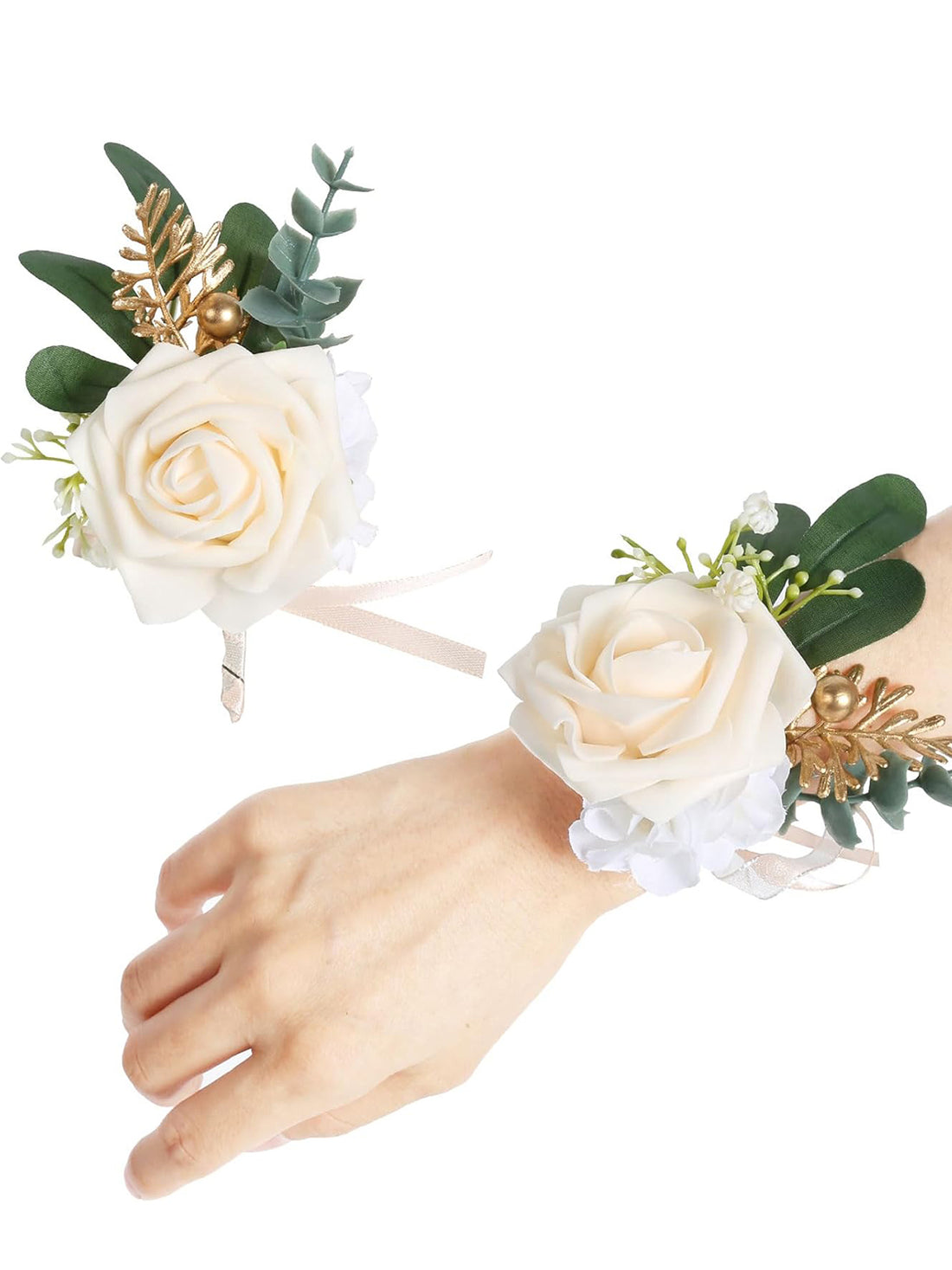 Champagne Rose Wedding Wrist Corsage Bracelet and Boutonniere 2 Set