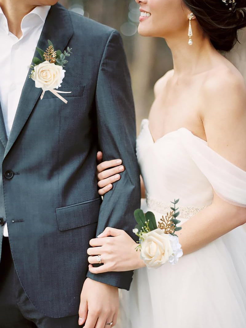 Champagne Rose Wedding Wrist Corsage Bracelet and Boutonniere 2 Set