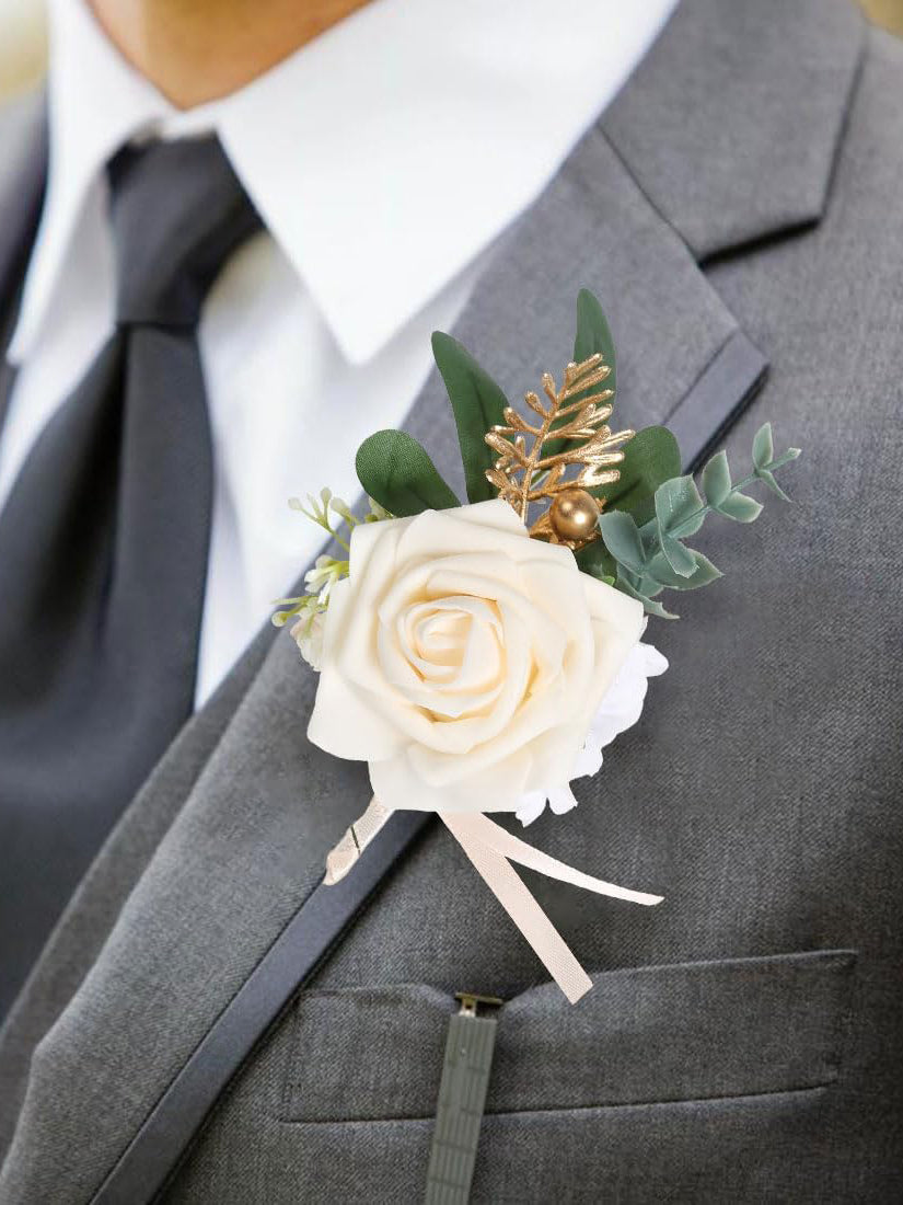 Champagne Rose Wedding Wrist Corsage Bracelet and Boutonniere 2 Set