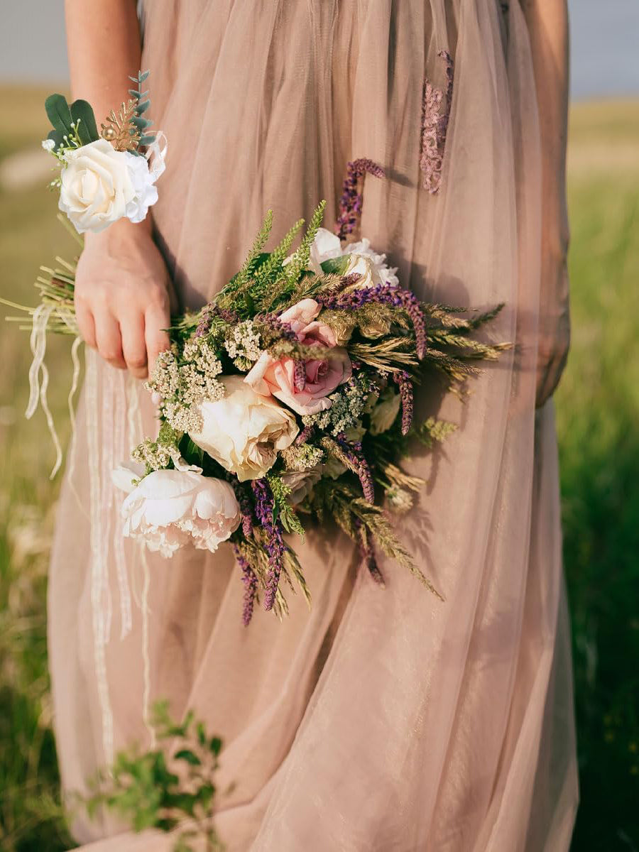 Champagne Rose Wedding Wrist Corsage Bracelet and Boutonniere Set