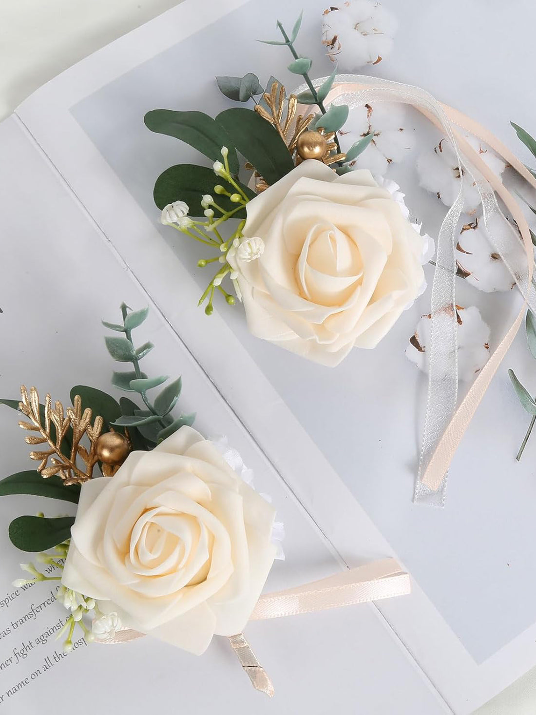 Champagne Rose Wedding Wrist Corsage Bracelet and Boutonniere 2 Set