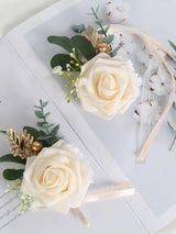 Champagne Rose Wedding Wrist Corsage Bracelet and Boutonniere Set