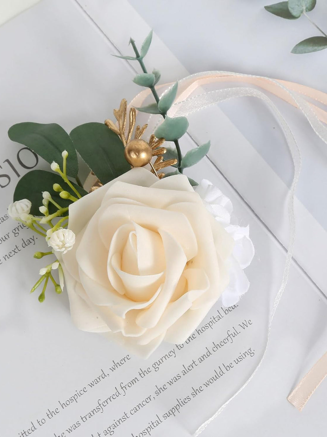 Champagne Rose Wedding Wrist Corsage Bracelet and Boutonniere 2 Set