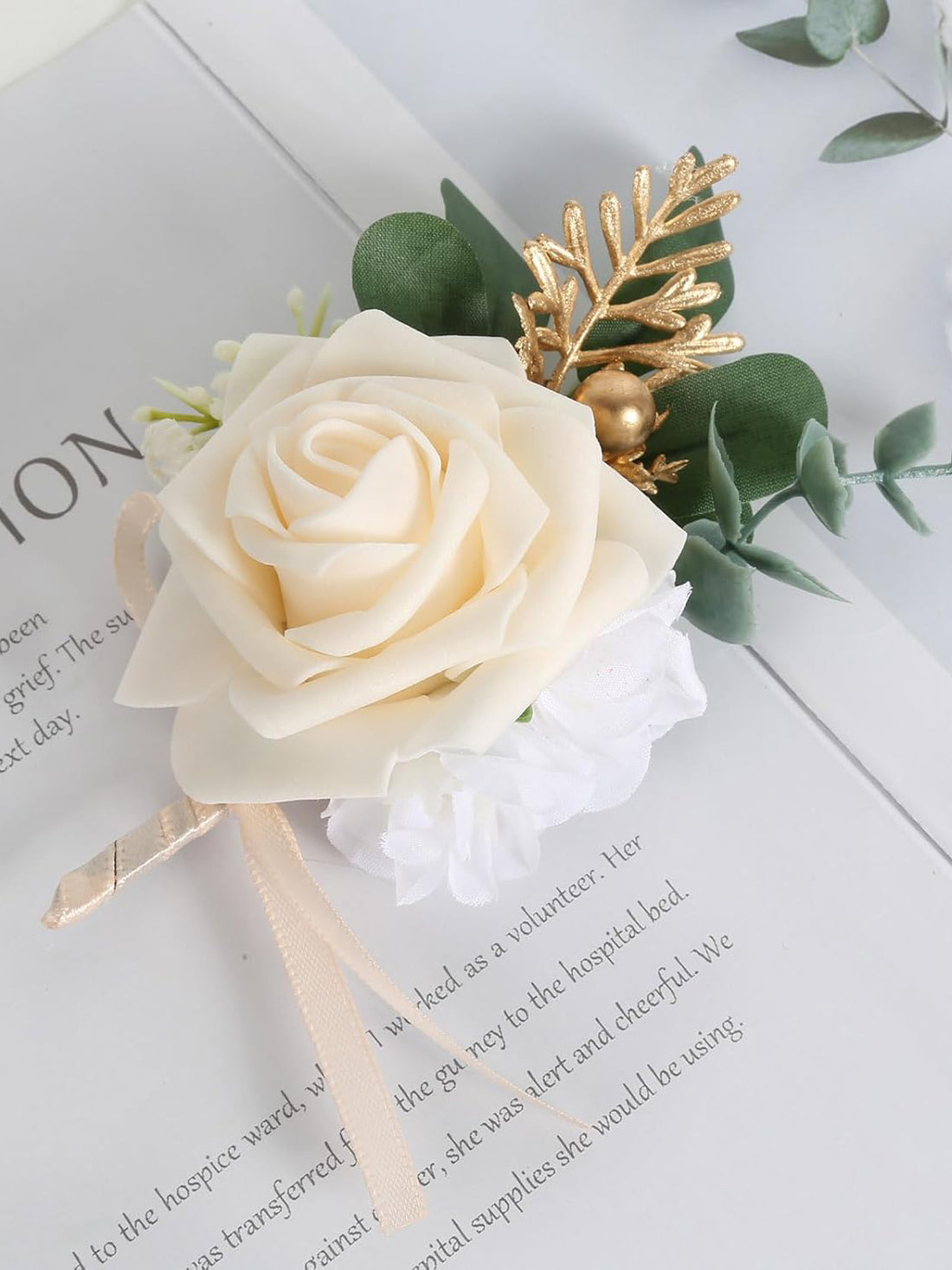 Champagne Rose Wedding Wrist Corsage Bracelet and Boutonniere 2 Set