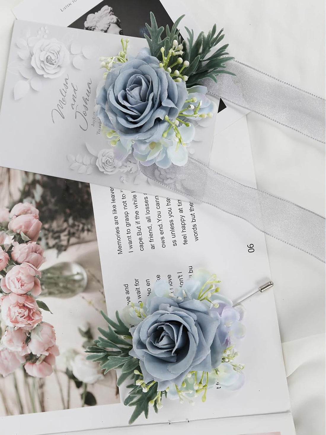 Haze Silk Rose Corsage and Boutonniere Wedding 2 Set Haze Blue
