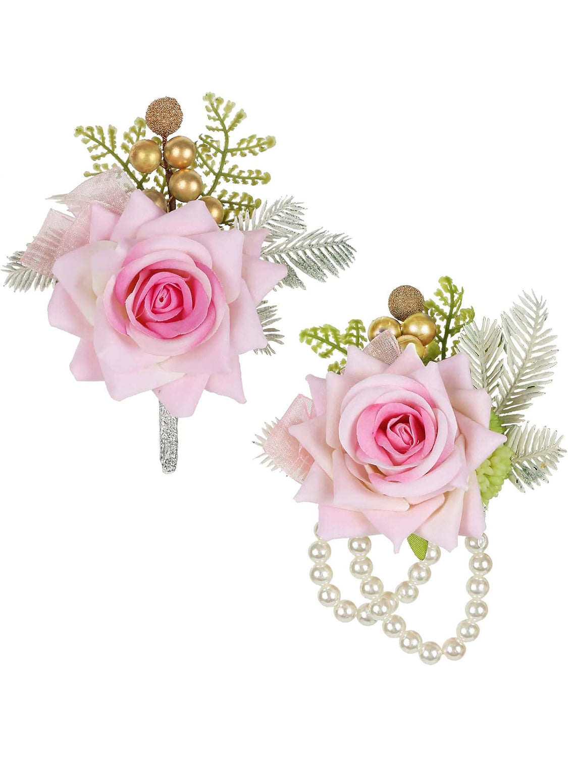 Pink Rose Wedding Wrist Corsage And Boutonniere Set 2Pcs For Bride And Groom