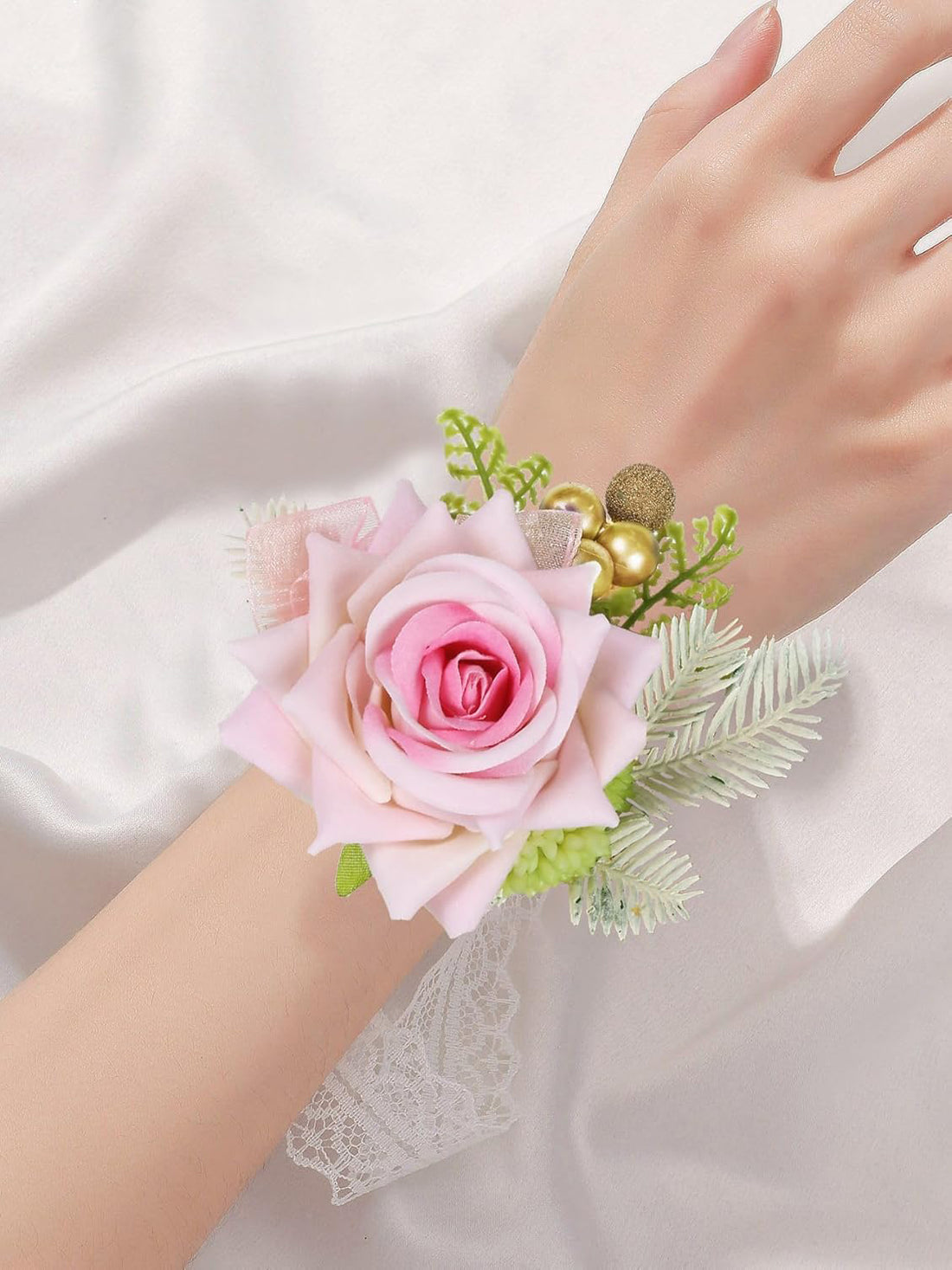 Pink Rose Wedding Wrist Corsage And Boutonniere Set 2Pcs For Bride And Groom