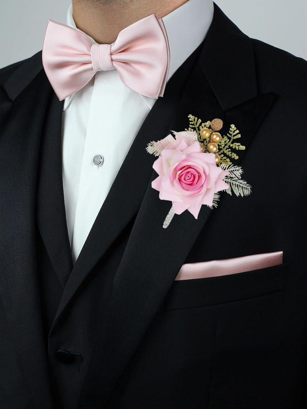 Pink Rose Wedding Wrist Corsage And Boutonniere Set 2Pcs For Bride And Groom