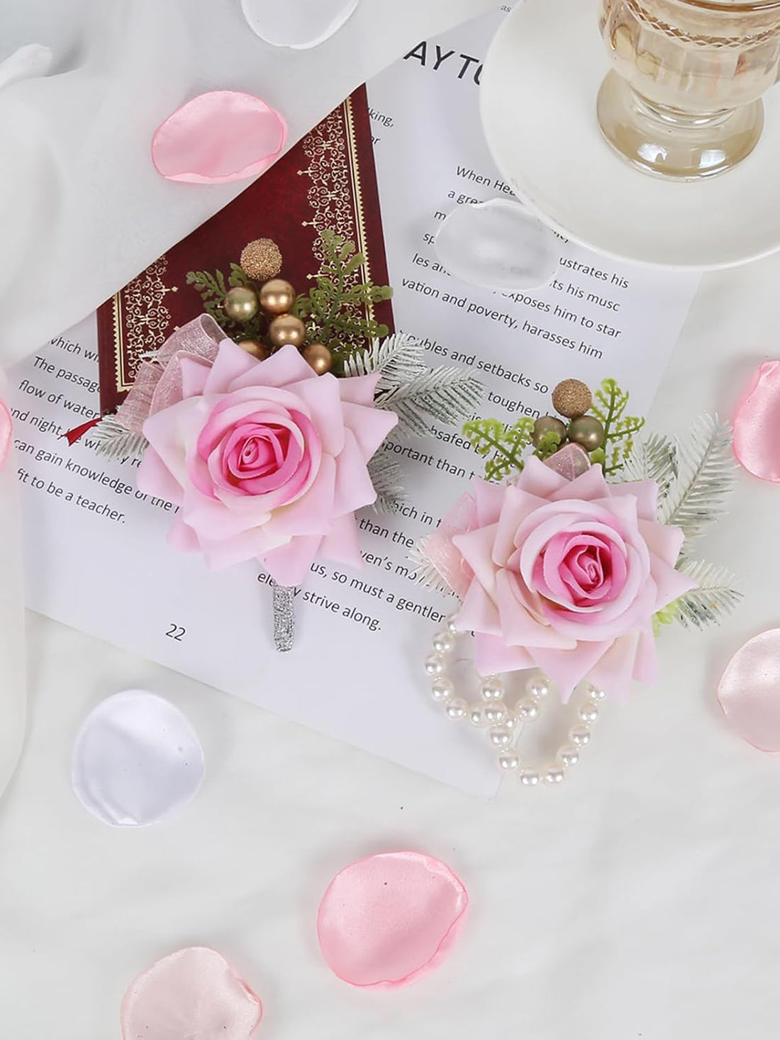 Pink Rose Wedding Wrist Corsage And Boutonniere Set 2Pcs For Bride And Groom