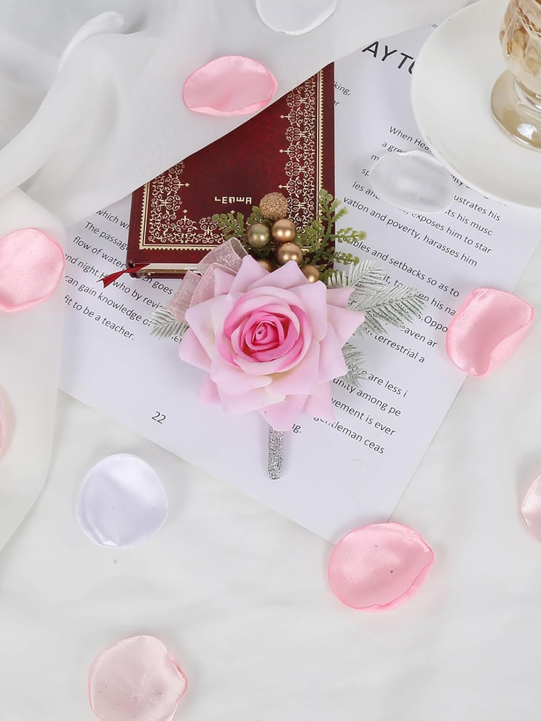 Pink Rose Wedding Wrist Corsage And Boutonniere Set 2Pcs For Bride And Groom