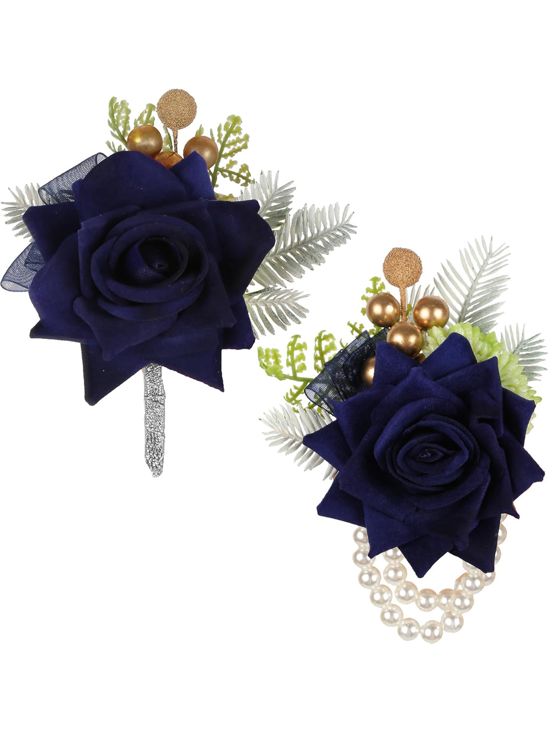 2 Pcs Navy Blue Artificial Rose Corsage And Boutonniere Set For Wedding