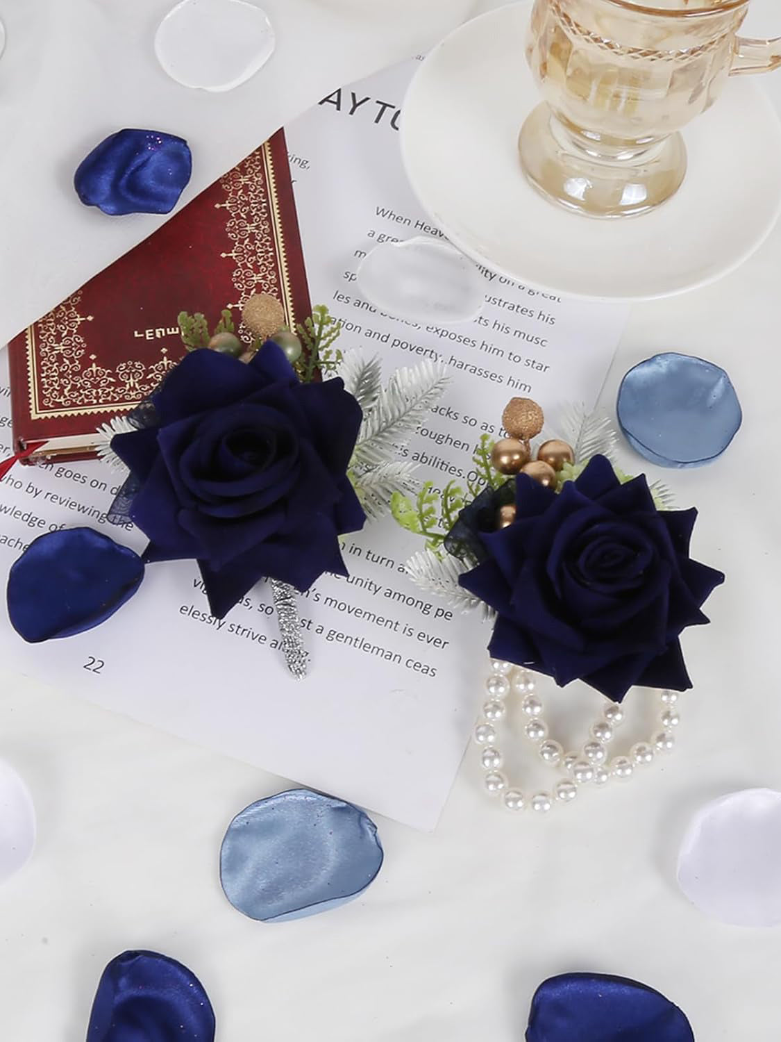2 Pcs Navy Blue Artificial Rose Corsage And Boutonniere Set For Wedding