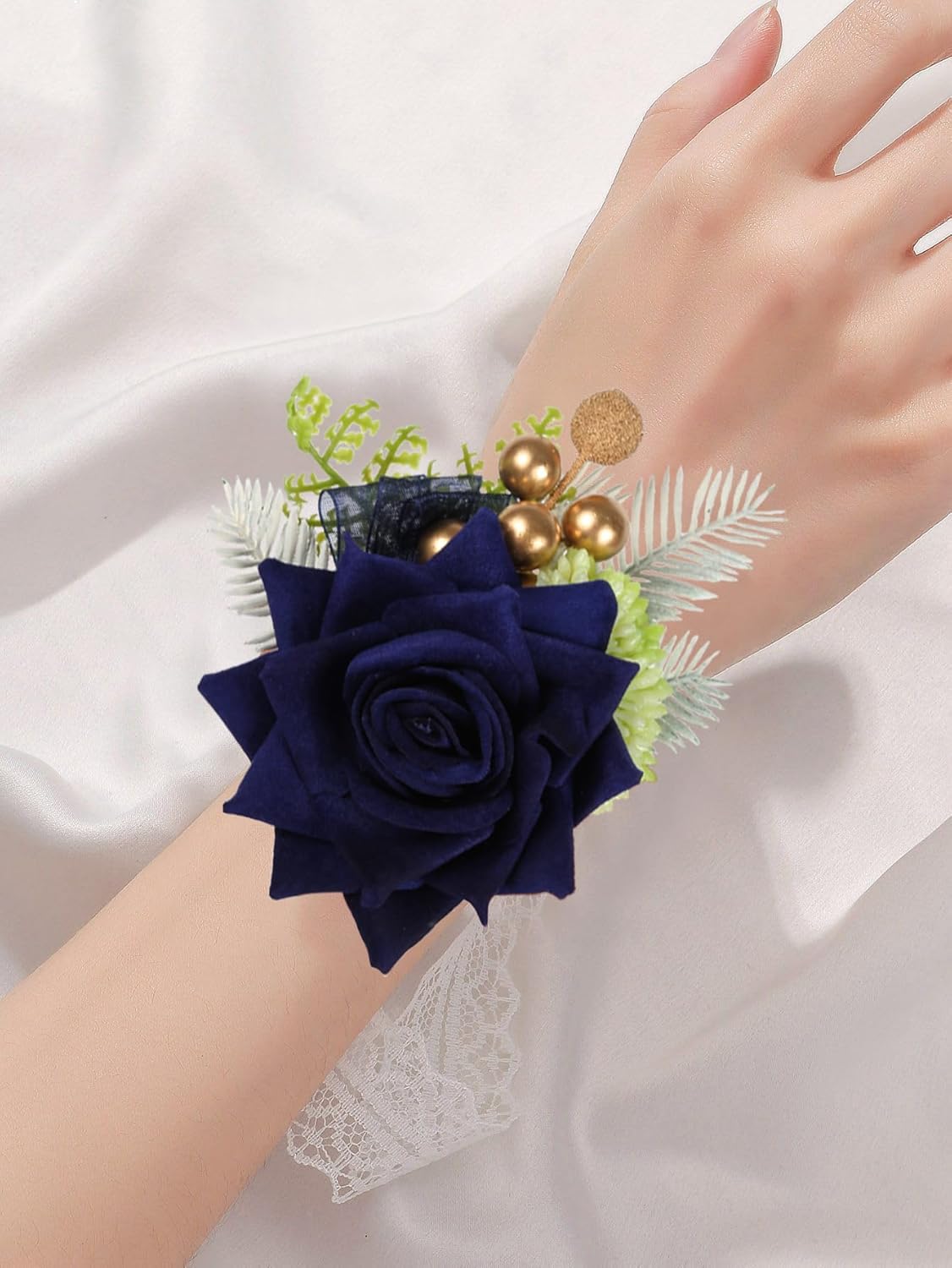 2 Pcs Navy Blue Artificial Rose Corsage And Boutonniere Set For Wedding