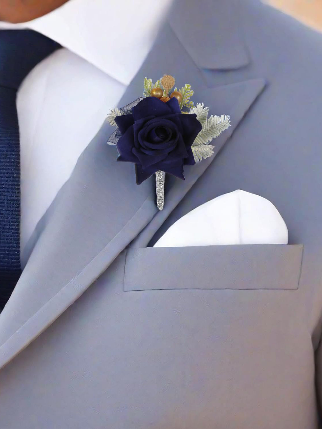 2 Pcs Navy Blue Artificial Rose Corsage And Boutonniere Set For Wedding