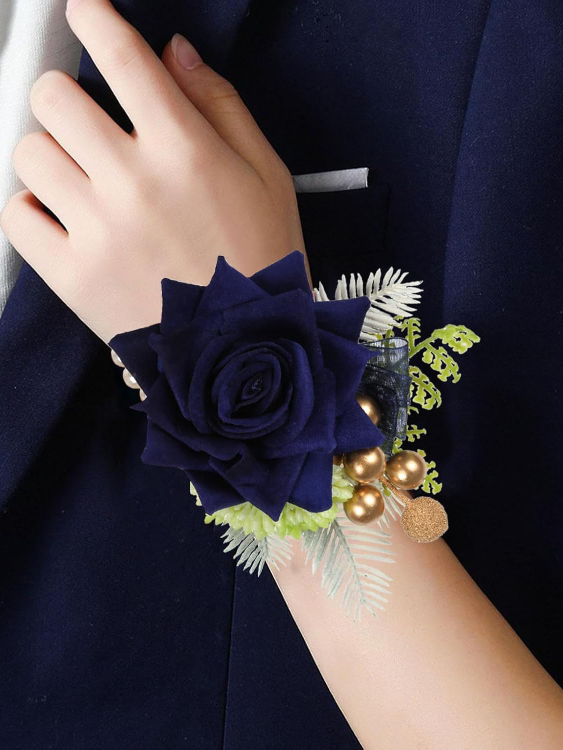 2 Pcs Navy Blue Artificial Rose Corsage And Boutonniere Set For Wedding
