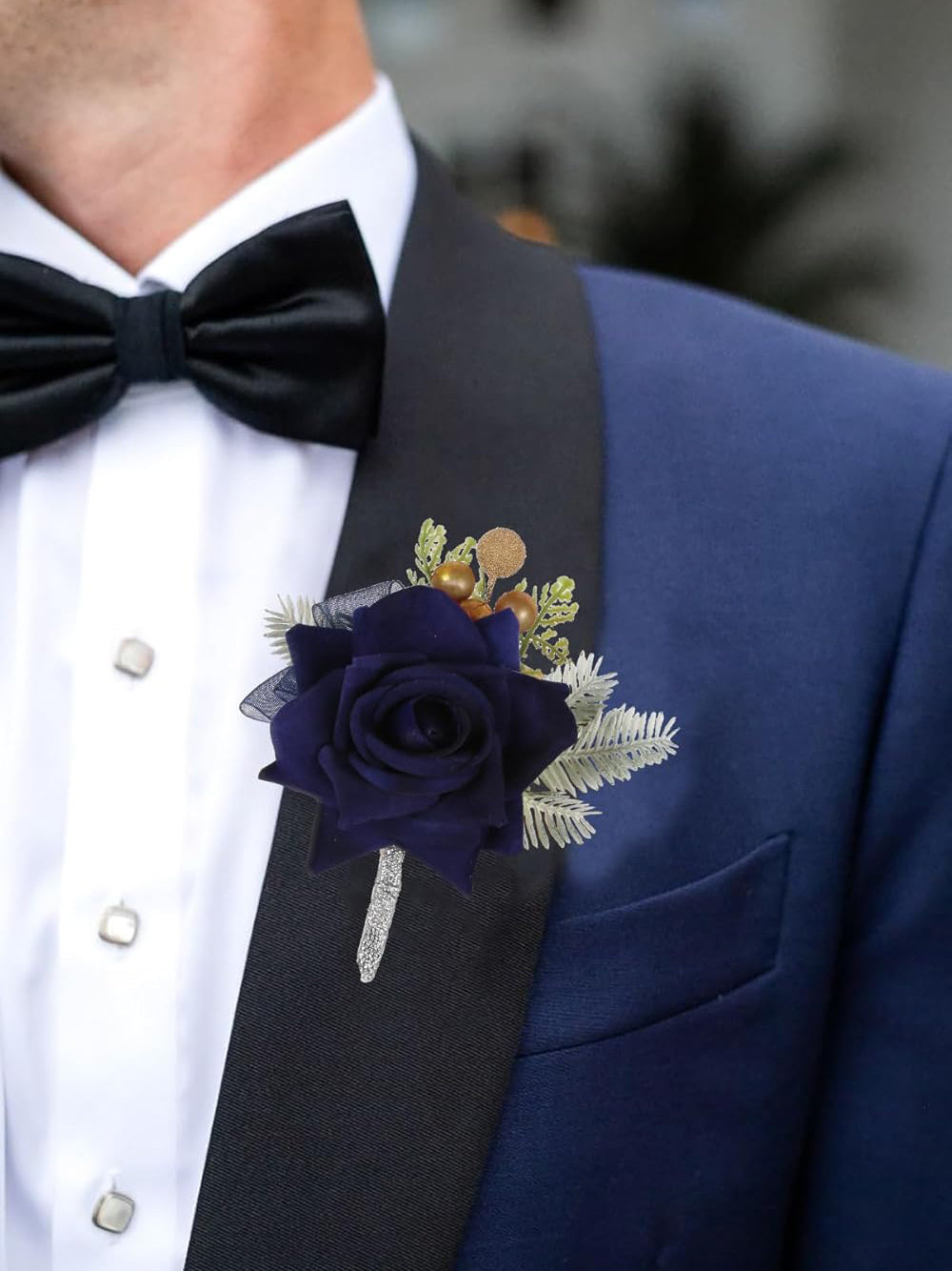 2 Pcs Navy Blue Artificial Rose Corsage And Boutonniere Set For Wedding