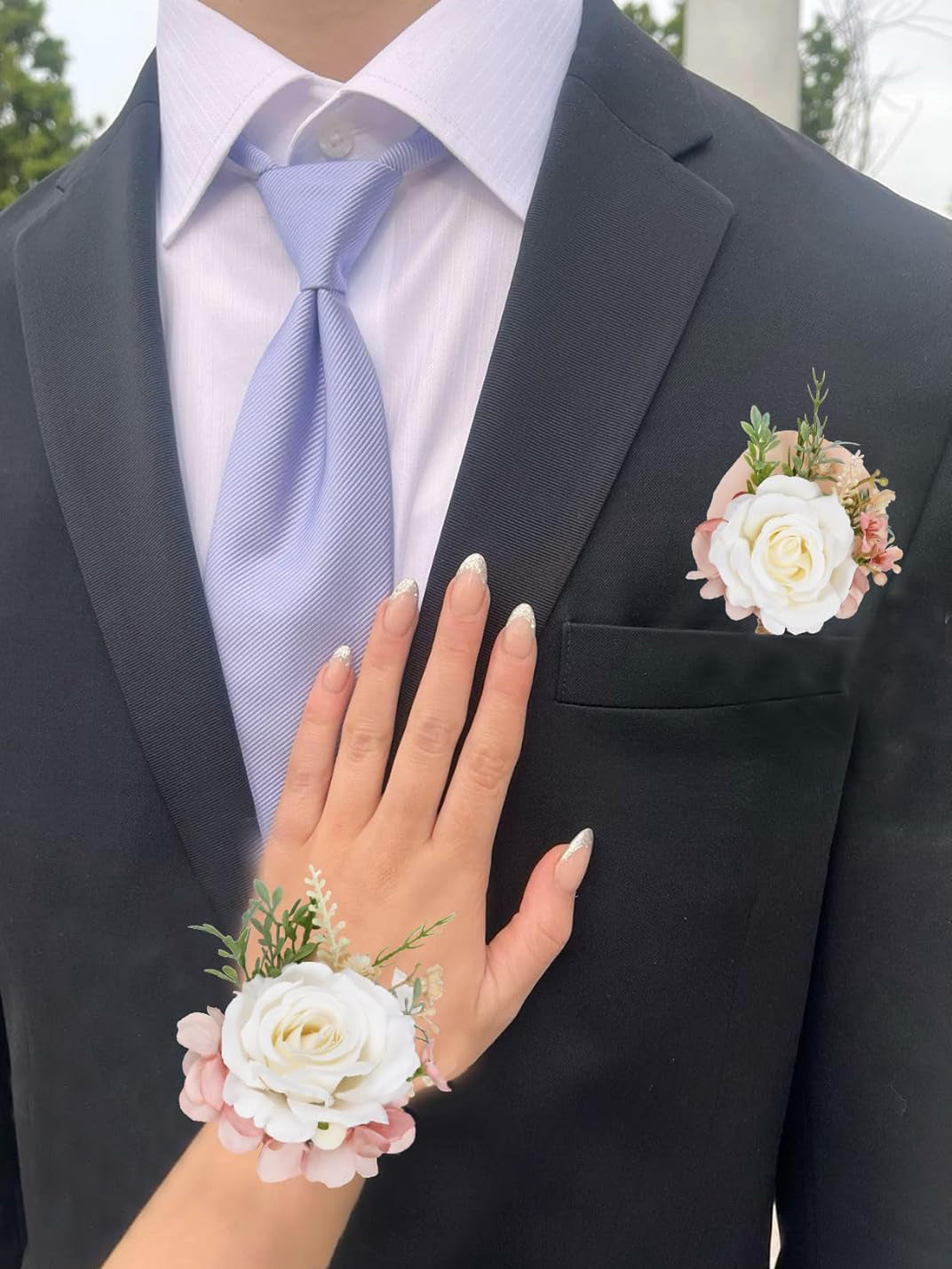 Pure White Rose Corsage and Boutonniere Wedding 2 Set