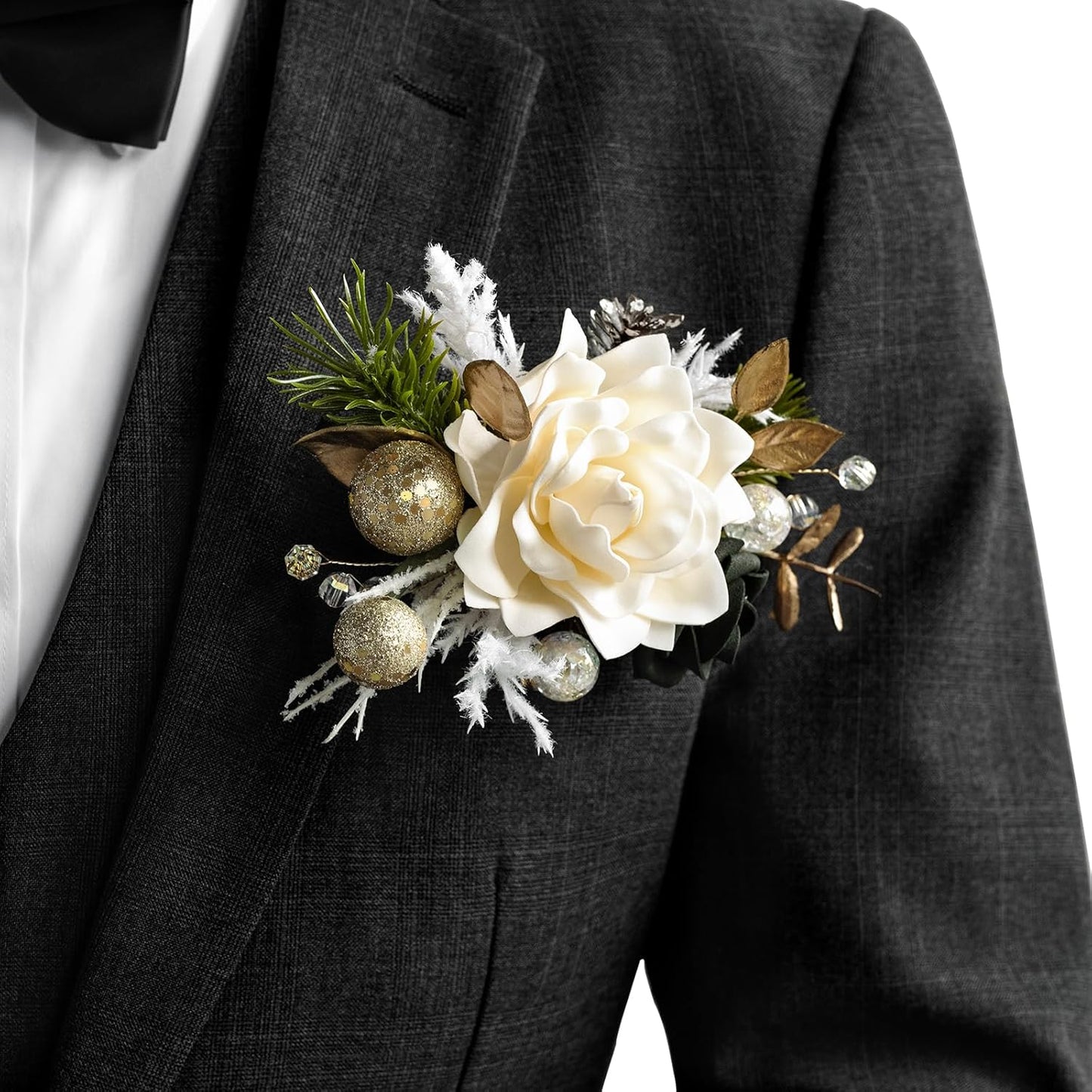 Pampas Chrismas White Pocket Boutonniere For Men 6x5in Wedding