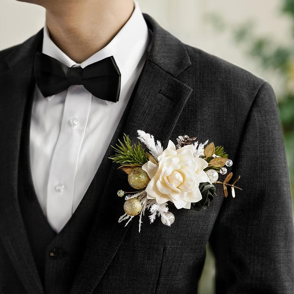 Pampas Chrismas White Pocket Boutonniere For Men 6in Wedding Single