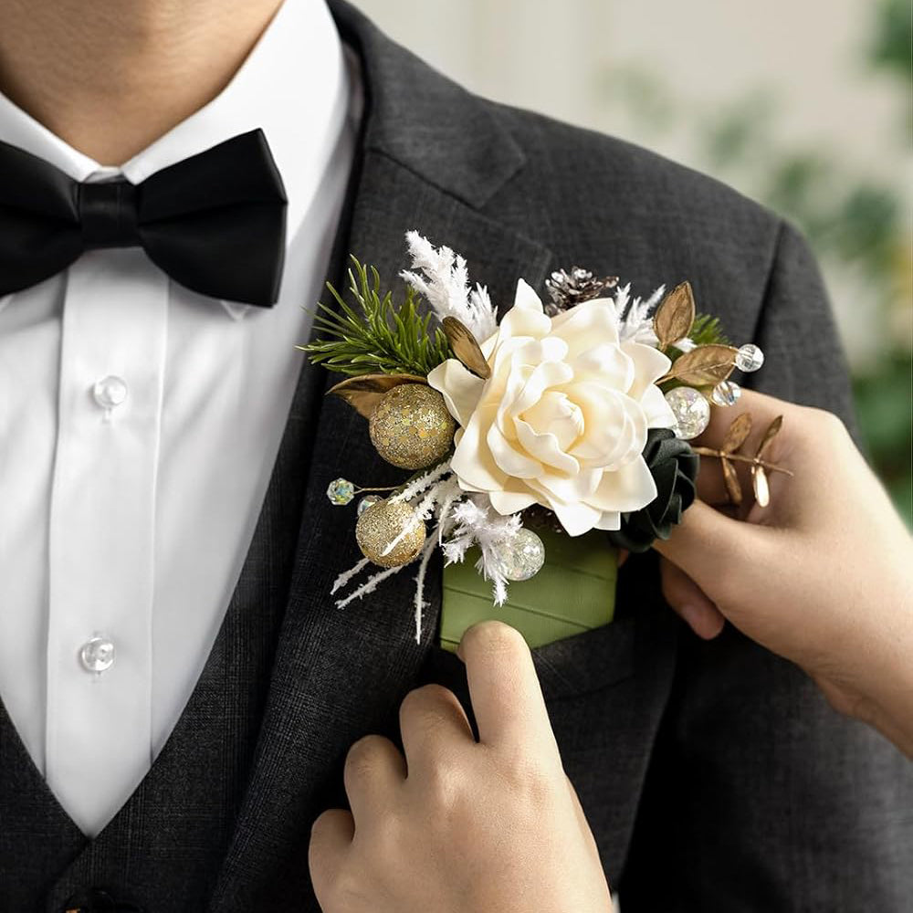 Pampas Chrismas White Pocket Boutonniere For Men 6in Wedding Single