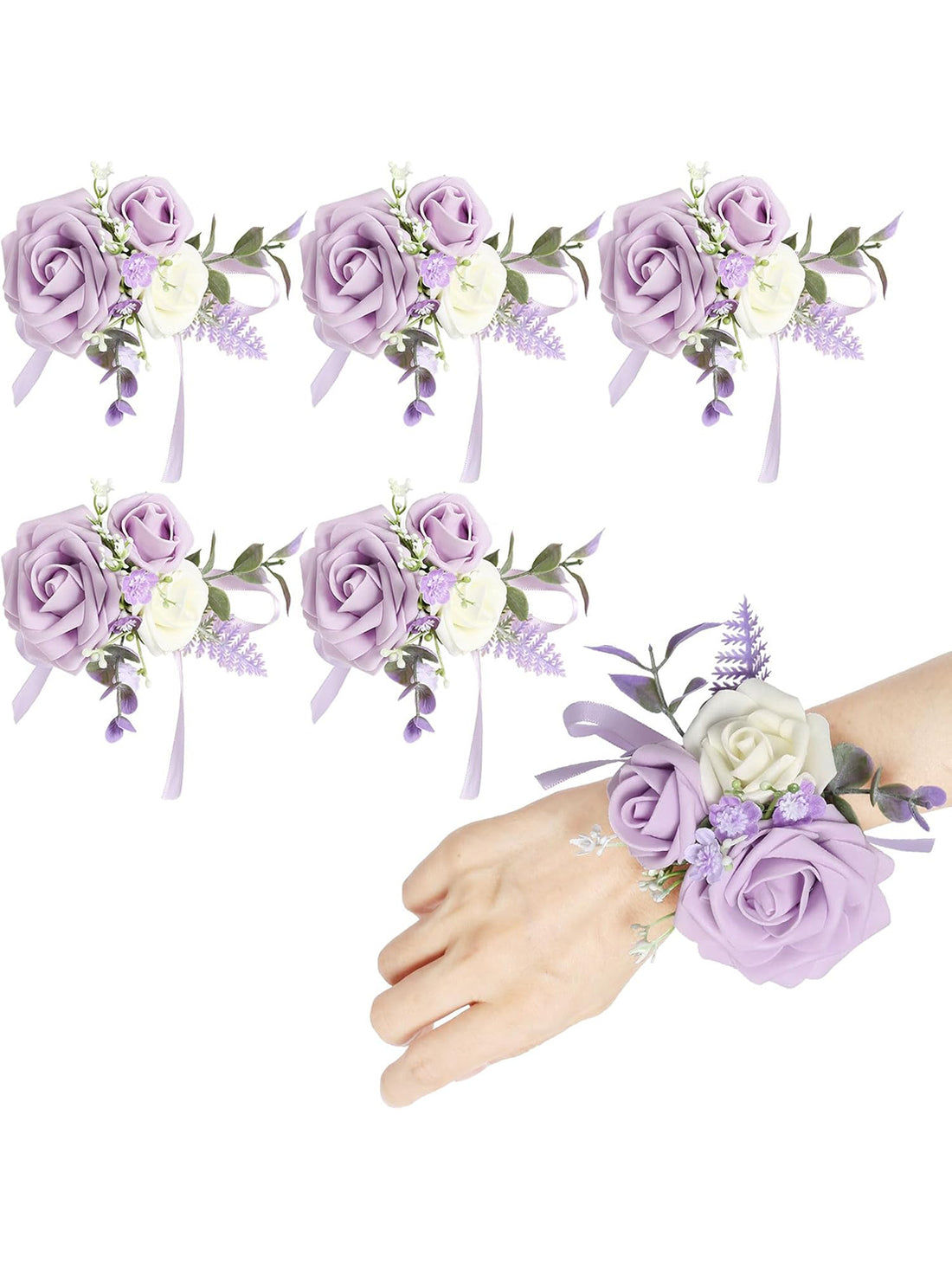 Purple Wedding Artificial Flower Corsage Wristlet Set Of 6