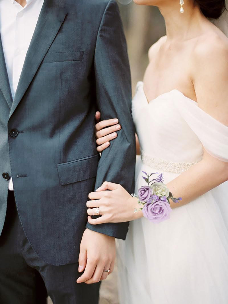 Purple Wedding Artificial Flower Corsage Wristlet Set Of 6