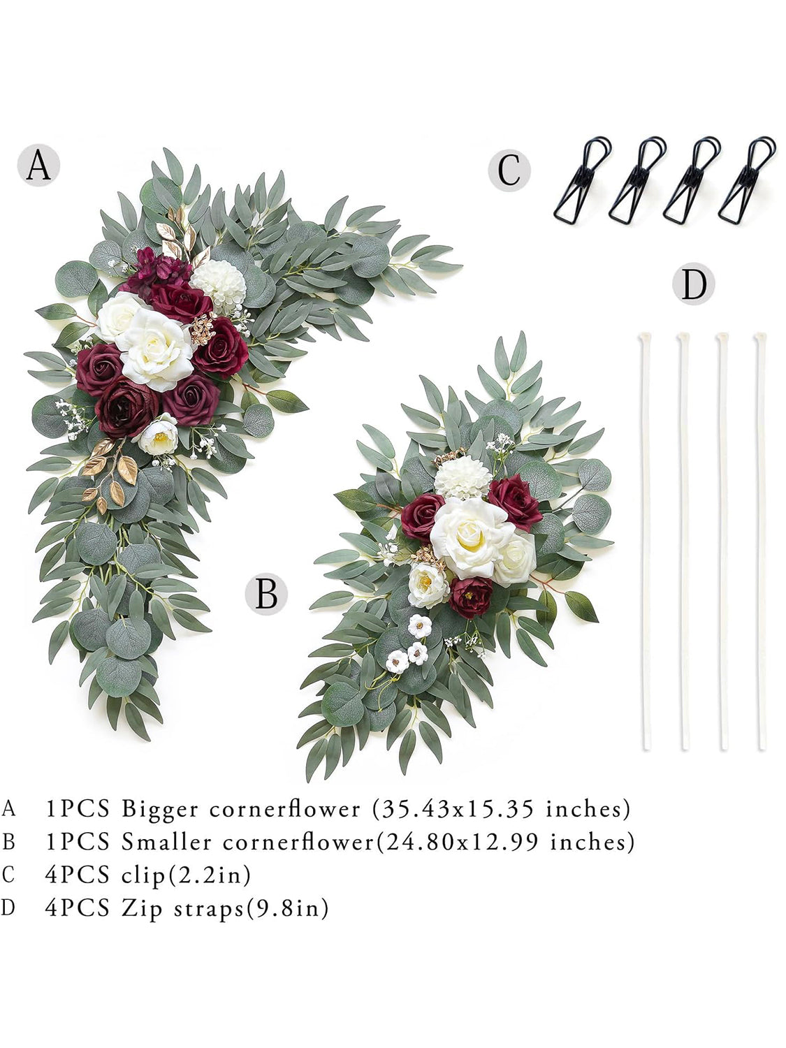 Burgundy Artificial Wedding Arch Flower Swag Set 2 Pcs Ceremony Decor 35/25 Inch