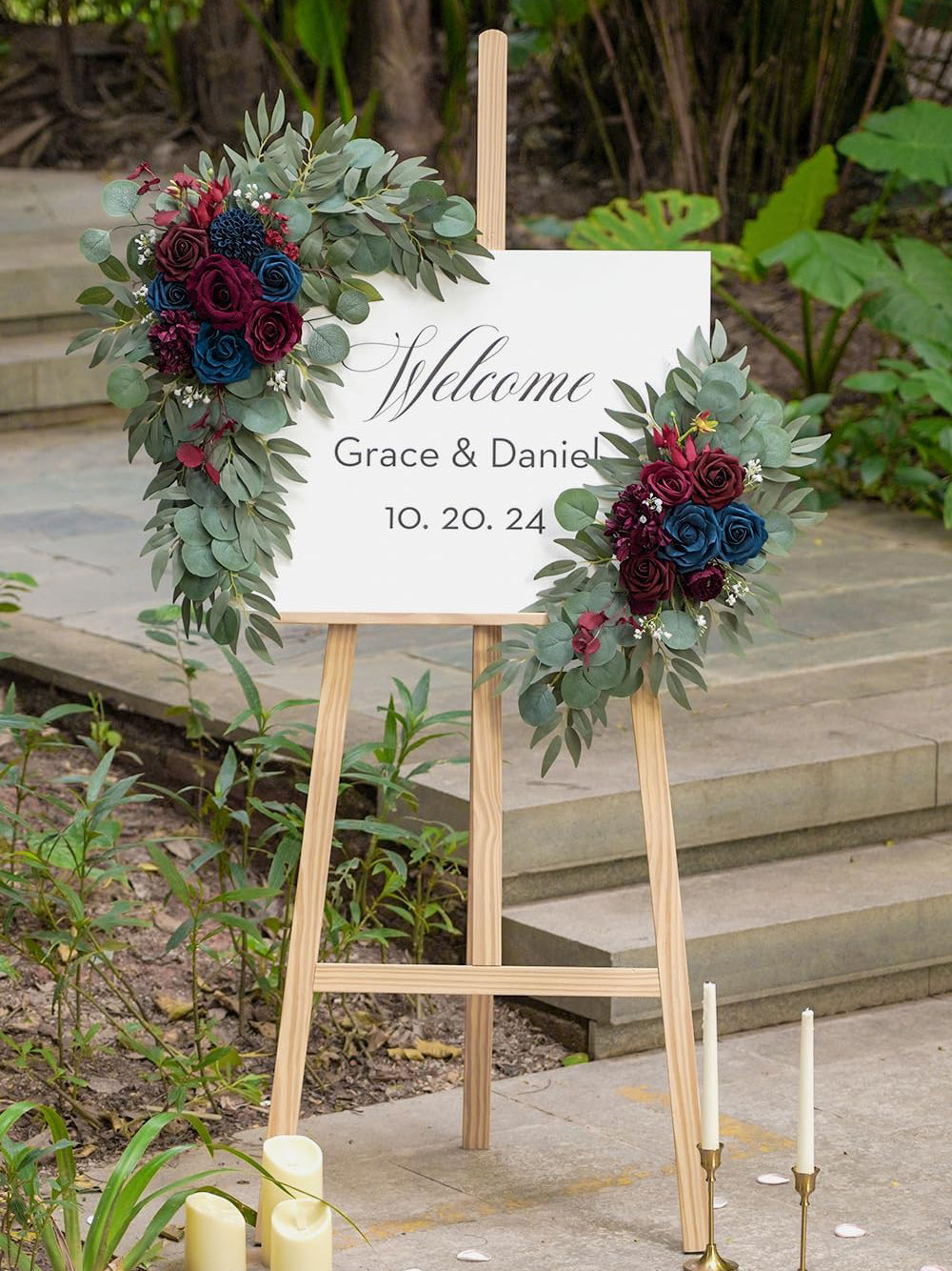 Navy and Burgundy Flower Wedding Arch Welcome Signs Decoration