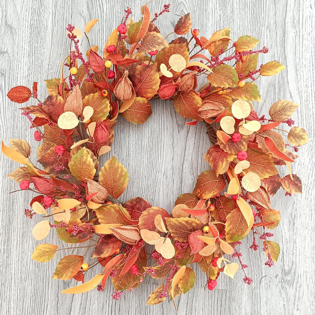 22-Inch Physalis Wreath Fall Wreaths for Front Door with Golden Berries - Tokcare Home