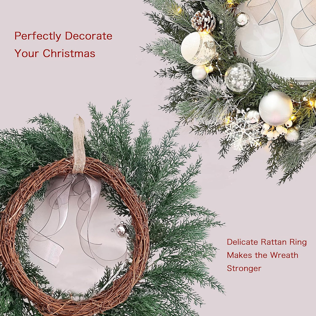 Prelit Christmas Wreath with White Bow and Ball Ornaments, 20 Inch Christmas Wreath with Battery Operated Timer 40 LED Lights