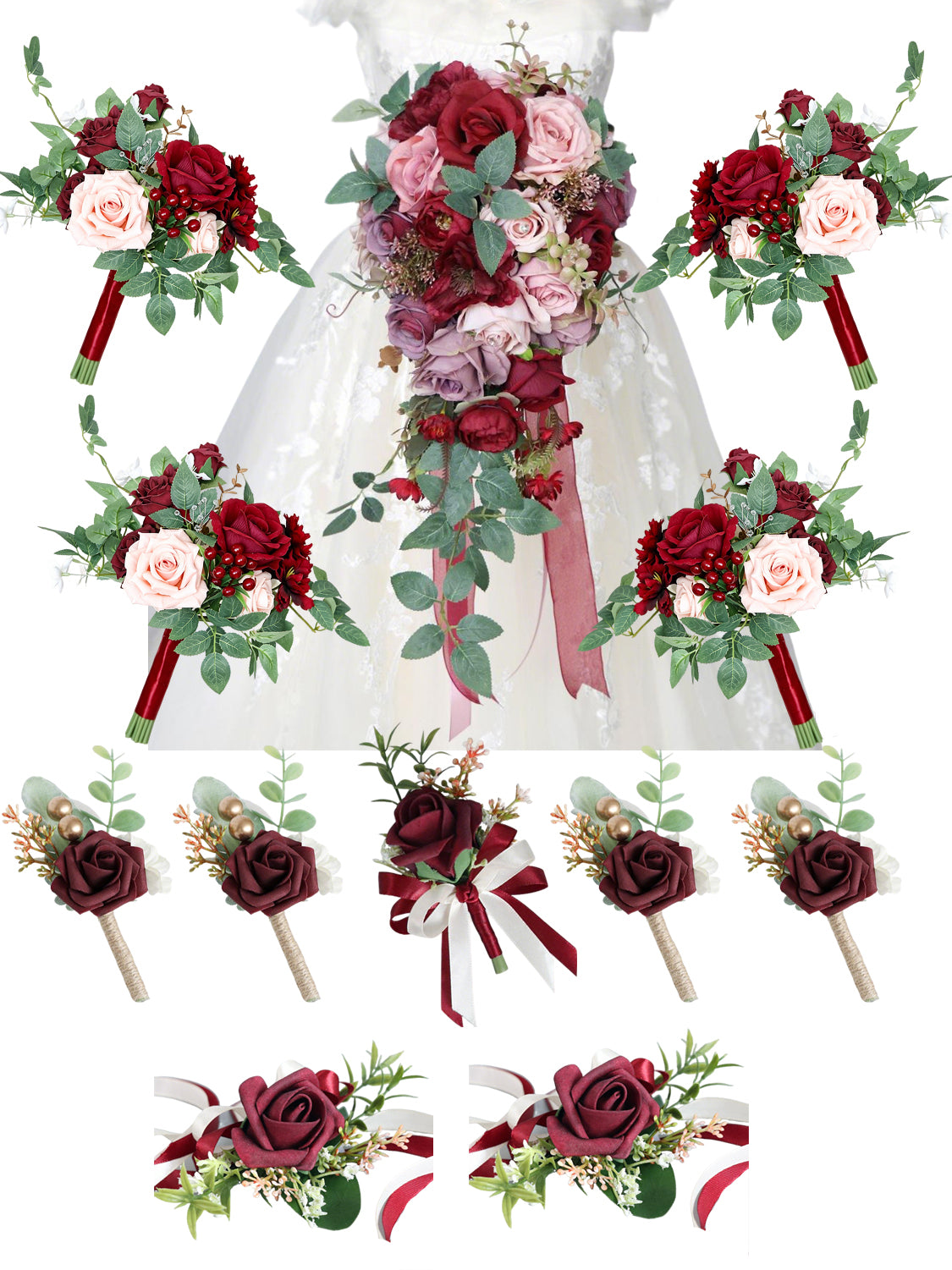 Burgundy & Marasla Wedding Essentials Bundle — Bridal Party Flowers