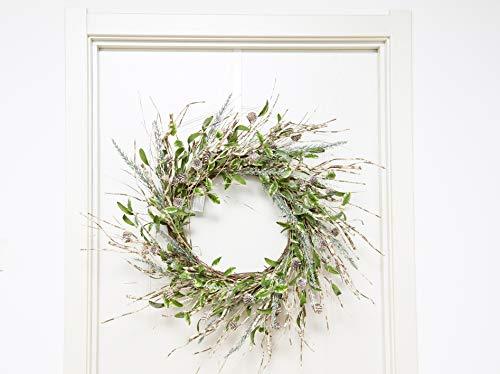 Refreshing Spring Arrival: 22-Inch Birch Branch Wreath with Glittered Pine Cones and Holly Leaves