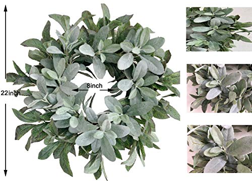 Delicate Spring Tribute: 22-Inch Flocked Lambs Ear Wreath with Greenery Leaves