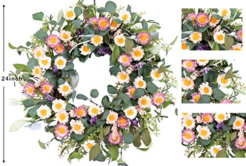 Colorful Daisy Delight: 24-Inch Artificial Spring Front Door Wreath with Farmhouse Boxwood Leaves