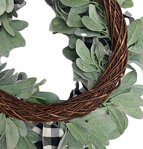 Elegant Farmhouse Charm: 24-Inch Lambs Ear Wreath with Black White Buffalo Plaid
