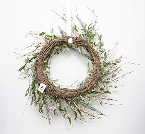 Refreshing Spring Arrival: 22-Inch Birch Branch Wreath with Glittered Pine Cones and Holly Leaves
