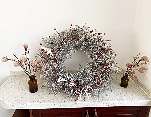 24 Inch Snowy Winter Wreath with Metallic Silver Boxwood and Berries