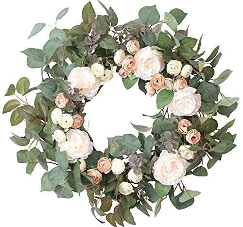 Timeless Elegance: 20-Inch Artificial Eucalyptus and Rose Blossom Cluster Wreath