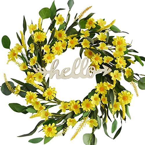 Sun-Kissed Bliss: 18-Inch Yellow Daisy Hello Wreath with Eucalyptus Foliage and Wild Grass Blossoms