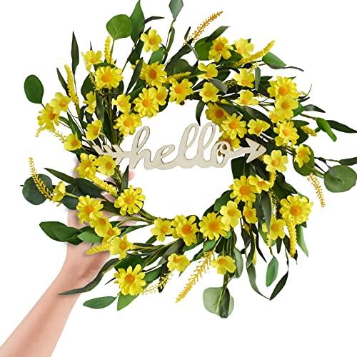 Sun-Kissed Bliss: 18-Inch Yellow Daisy Hello Wreath with Eucalyptus Foliage and Wild Grass Blossoms