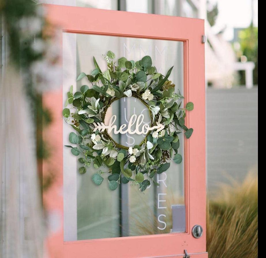 Eucalyptus Wreath with Hello Sign, TOKCARE 21 Inch Artificial Lambs Ear Leaves Green Wreath