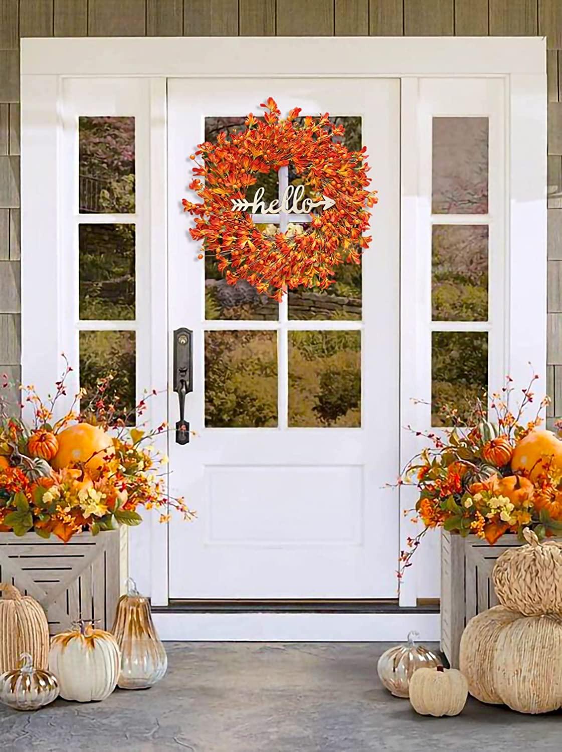Herbstkränze für die Haustür, TOKCARE 22 Zoll oranger Forsythien-Außentürkranz mit Beerengirlande Herbstkranz 