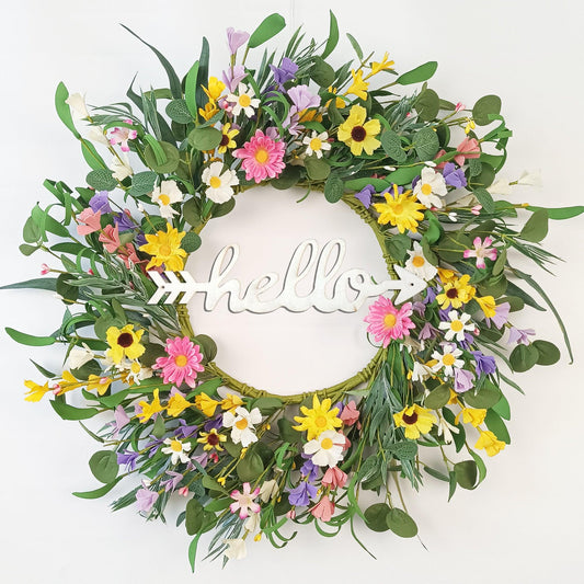 Spring Wreaths for Front Door, TOKCARE 22 Inch Eucalyptus Wreath with Hello Sign