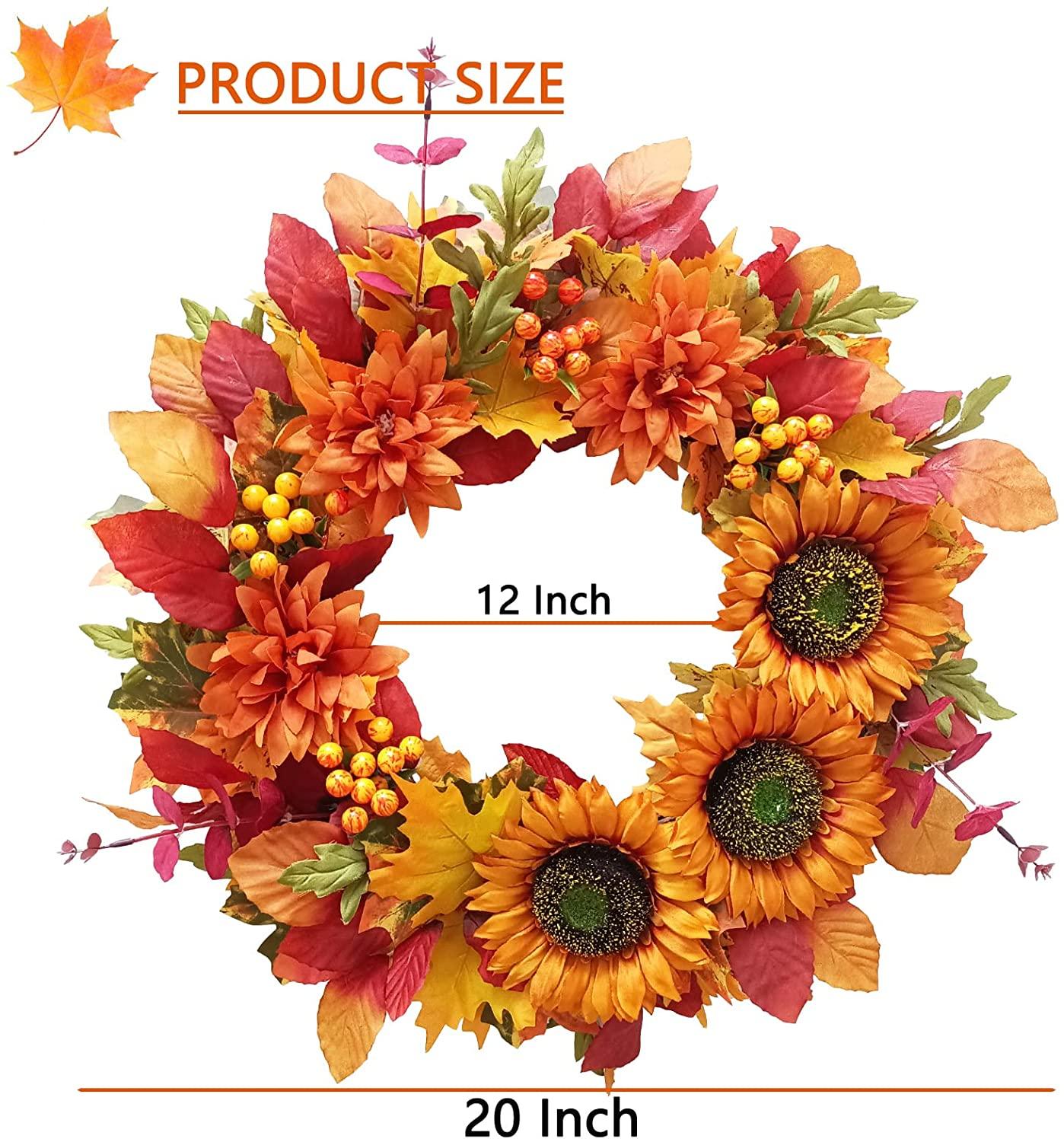 Fall Wreath for Front Door, 20-Inch Autumn Sunflowers Wreath