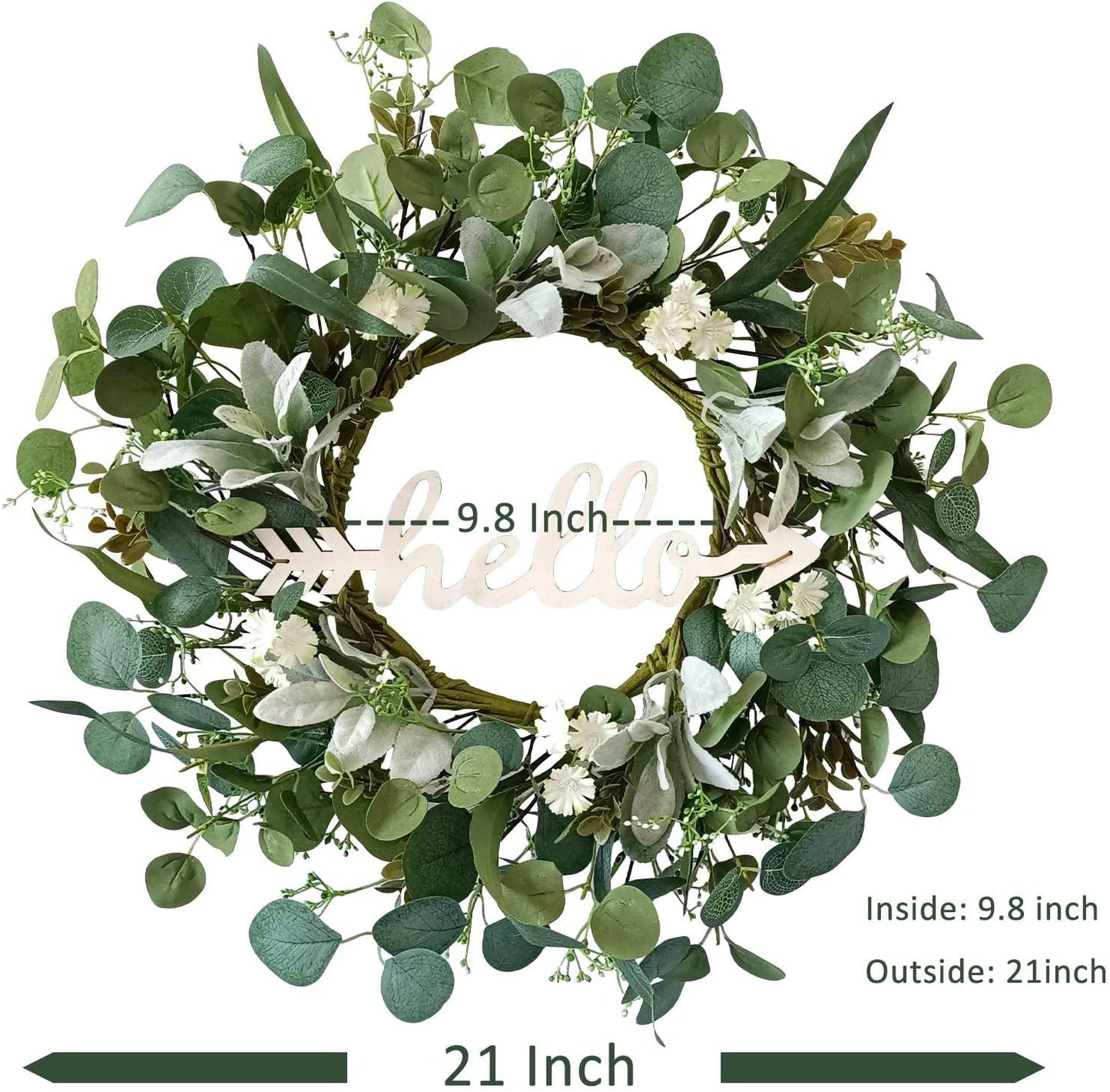 Eucalyptus Wreath with Hello Sign, TOKCARE 21 Inch Artificial Lambs Ear Leaves Green Wreath