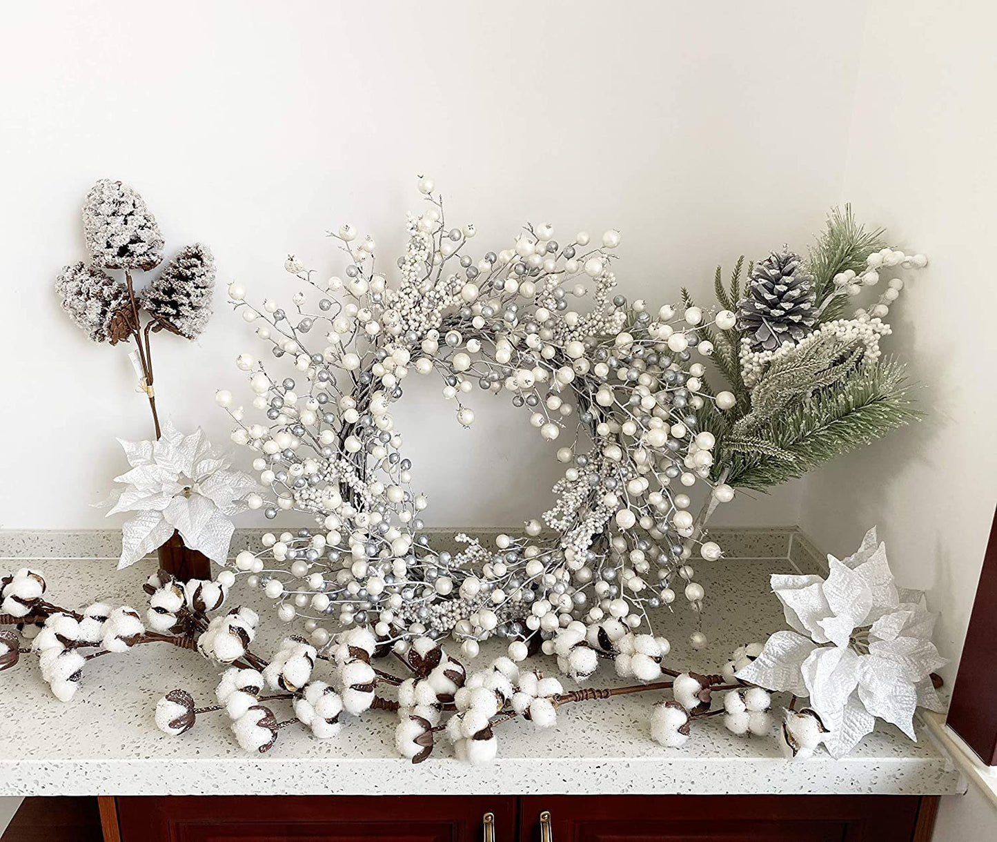 24 Inch Spring Front Door Wreath Metallic Effect Pearl White & Silver Berry Wreaths