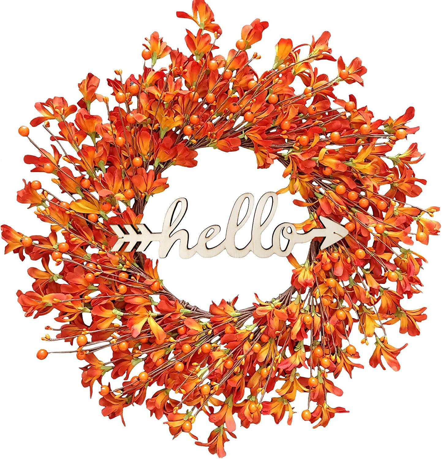 Herbstkränze für die Haustür, TOKCARE 22 Zoll oranger Forsythien-Außentürkranz mit Beerengirlande Herbstkranz 